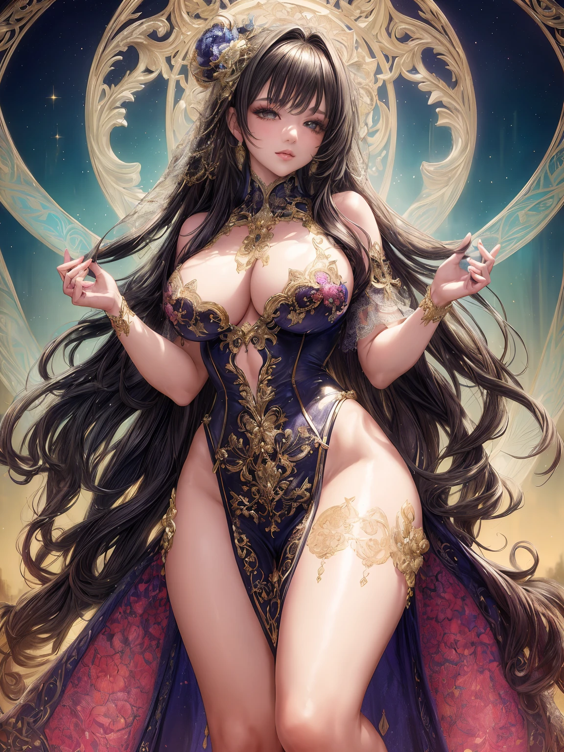 masterpiece, hyper detail, intricate details, beautiful detailed, colourful, highres, best quality, detailed background, intricate background,
1girl, solo, long hair, looking at viewer, large breasts, (shiny skin:1.3), (disheveled hair:1.2), full body, lips, makeup, (pasties:1.2),
Sheer bodysuit, feet out of frame,
outdoors, evening,