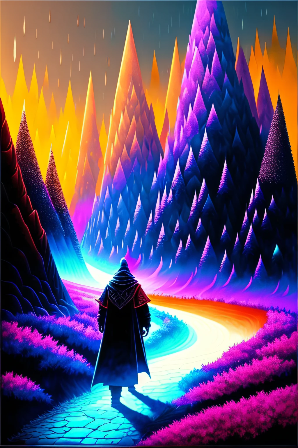 In infrared matrix world a wizard make a trek ina mist of multicolored pigment shadow