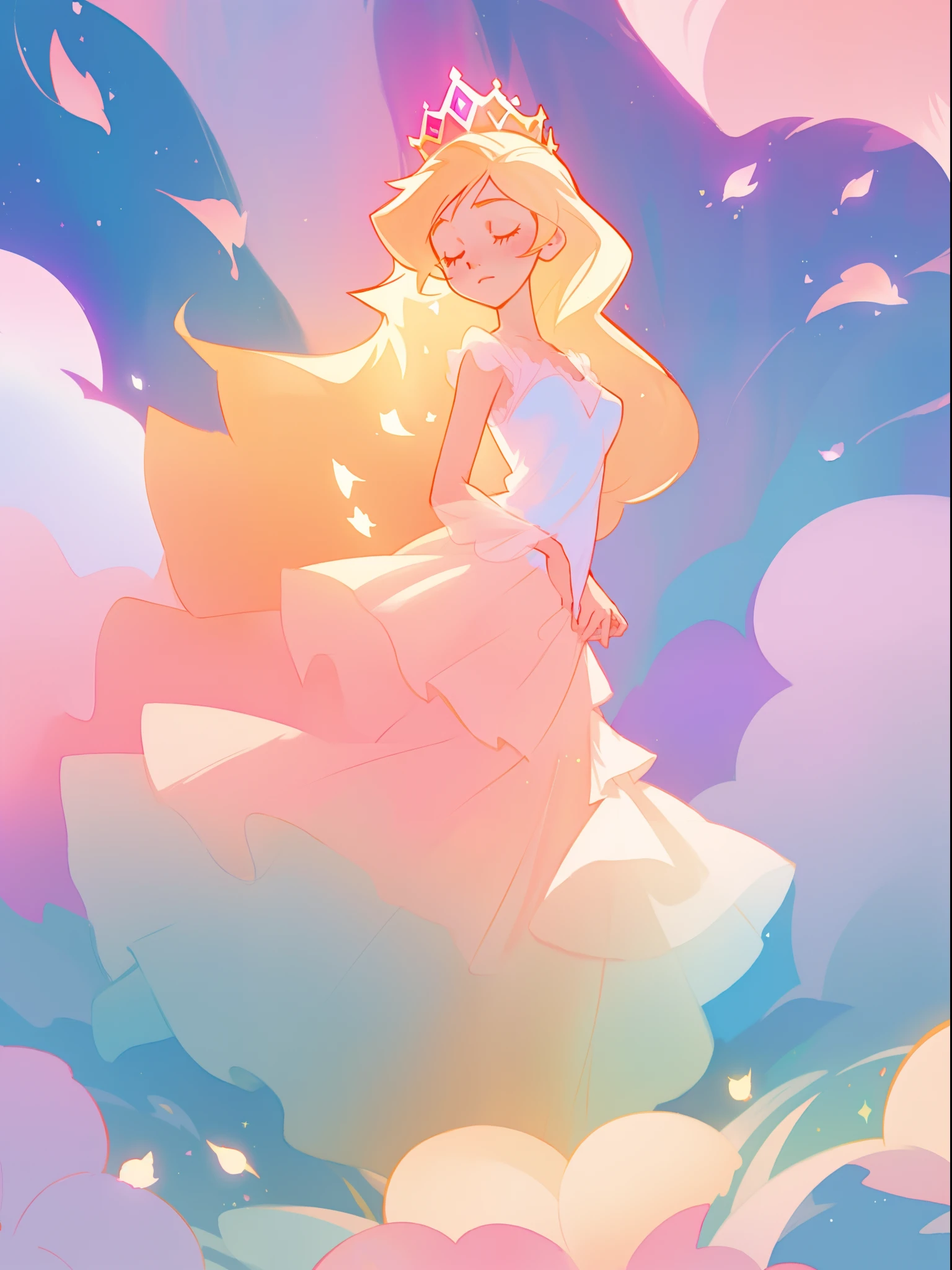 beautiful girl in pale pink puffy layered ballgown, princess, (tiered layered ballgown dress), sparkling white tiara, long peach and golden hair, watercolor illustration, inspired by Glen Keane, inspired by Lois van Baarle, disney art style, by Lois van Baarle, glowing aura around her, by Glen Keane, jen bartel, glowing lights! digital painting, flowing glowing hair, glowing flowing hair, beautiful digital illustration, fantasia otherworldly landscape plants flowers, beautiful, masterpiece, best quality, anime disney style