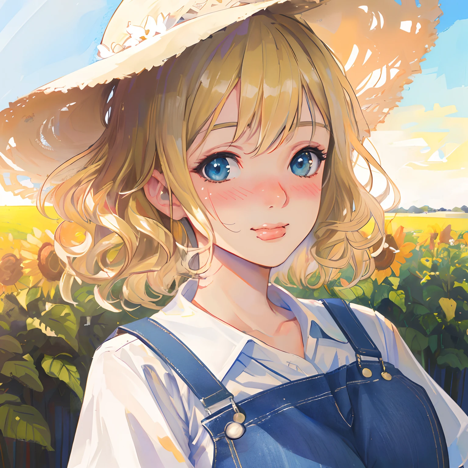 Details: (((((masterpiece))), best quality, cowboy shot, perfect anatomy, (detailed face), outdoors, sunny, warm sunlight, (((realistic faces))), realistic anatomy, painterly)) Woman: ((perfect eyes))(1girl, pretty, blushing, smile, ((embarrassed, wavy mouth)), overalls, solo, large breasts, massive breasts, fake breasts, implants, onee-san, short hair, blonde hair, sunhat, (((farmer))))
