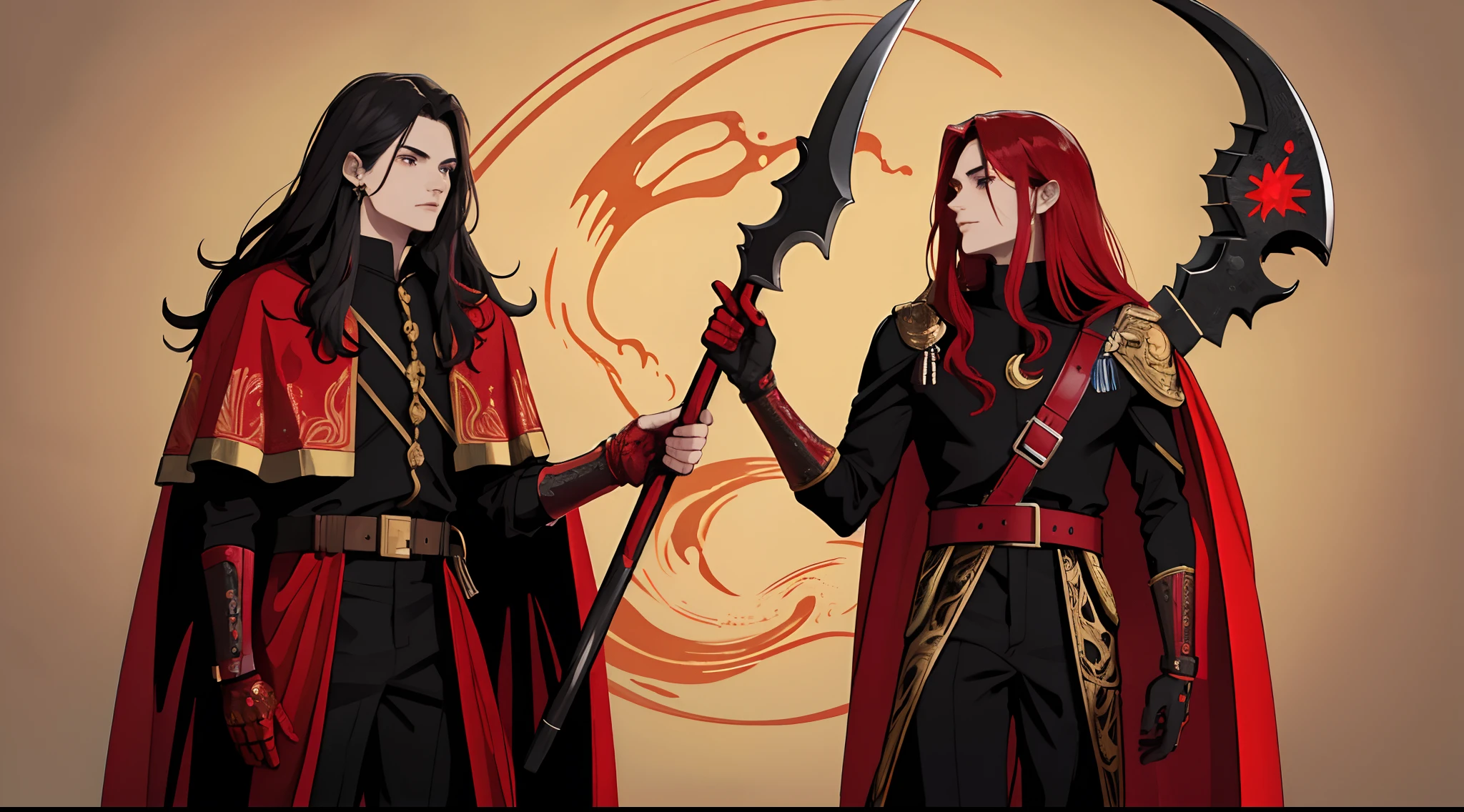 A male with red long hair, Weaing an Obsidian Skull, Walking with Ruby Knight, Wearing royal suit with golden space suit, Wearing Crimson Cape, Thailand Background with Dark Theme, Holding Legendary Wooden Axe, Game Art Style, very detailed, High Detail.