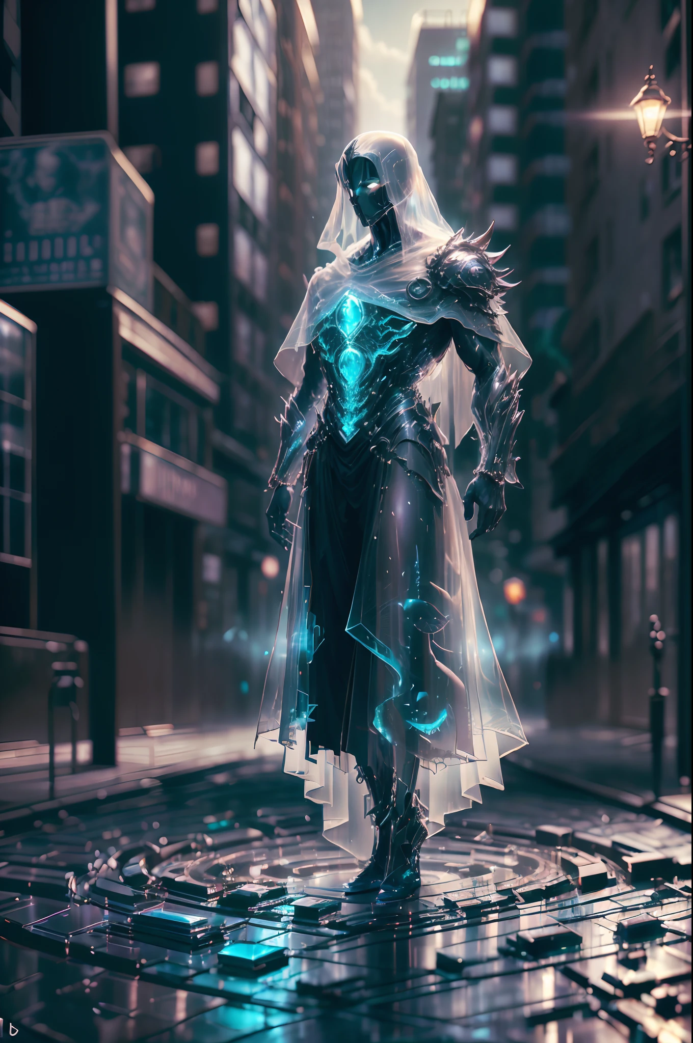 Incorporeal intangible ghost standing in the city. Ethereal (translucent, see-through, intangible incorporeal ghost standing in the middle of a city.) ::Double exposure, car headlights:: incorporeal iridescent, ethereal, digital illustration 8k resolution concept art,intricately detailed,hyperdetailed concept art,hyperrealism photorealism" --auto