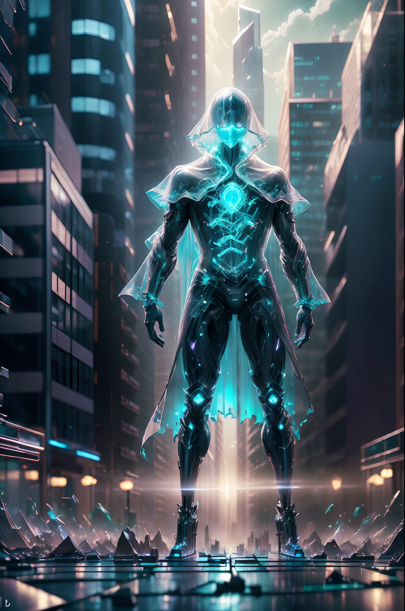 Incorporeal intangible ghost standing in the city. Ethereal (translucent, see-through, intangible incorporeal ghost standing in the middle of a city.) ::Double exposure, car headlights:: incorporeal iridescent, ethereal, digital illustration 8k resolution concept art,intricately detailed,hyperdetailed concept art,hyperrealism photorealism" --auto