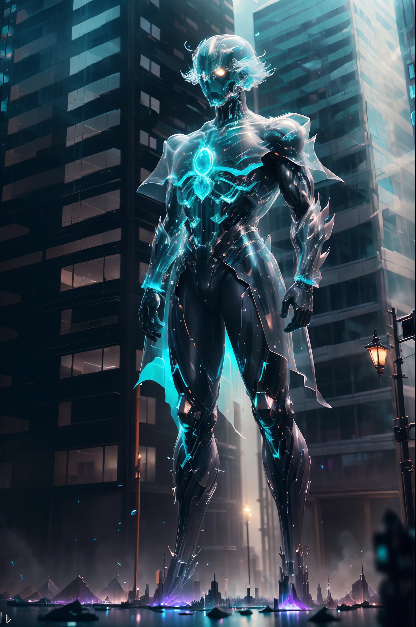 Incorporeal intangible ghost standing in the city. Ethereal (translucent, see-through, intangible incorporeal ghost standing in the middle of a city.) ::Double exposure, car headlights:: incorporeal iridescent, ethereal, digital illustration 8k resolution concept art,intricately detailed,hyperdetailed concept art,hyperrealism photorealism" --auto