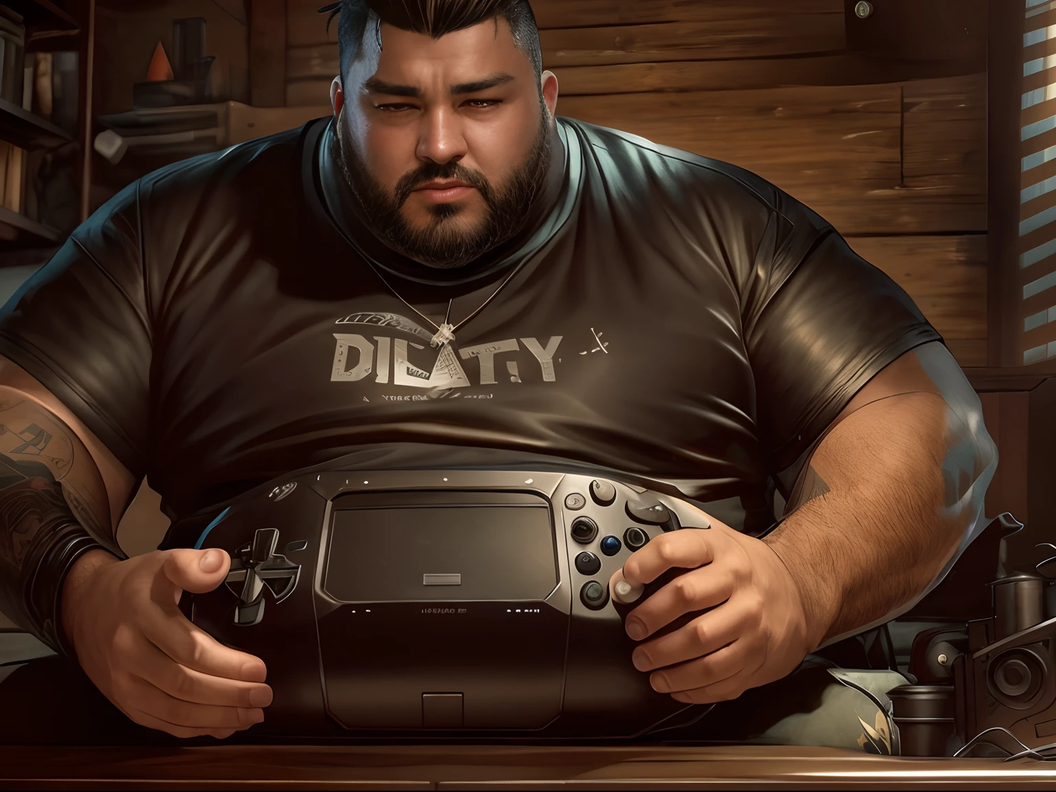 There is a man sitting on a table holding a remote control, Apparence lourde, Heavy details, ultra detailed game art, ultra realistic concept art, highly detailed character, highly realistic concept art, Holding Controller, Ultra-realistic conceptual art, Octane CGSOCIETY, trapu, very complex, costaud, photorealistic concept art, Style geste lourd gros plan