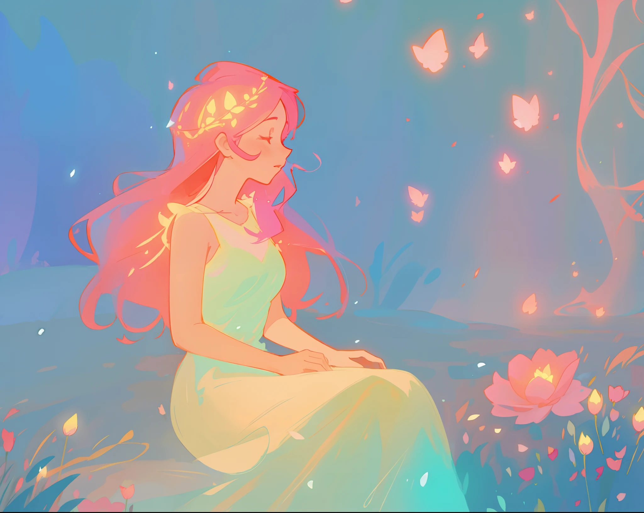 beautiful girl in white dress, fairy dress, beautiful girl sitting in a field with pink red flowers, glowing lights, whimsical landscape, long pink flowing hair, watercolor illustration, inspired by Glen Keane, inspired by Lois van Baarle, disney art style, by Lois van Baarle, glowing aura around her, by Glen Keane, jen bartel, glowing lights! digital painting, flowing glowing hair, glowing flowing hair, beautiful digital illustration, fantasia otherworldly landscape plants flowers, beautiful, masterpiece, best quality, anime disney style