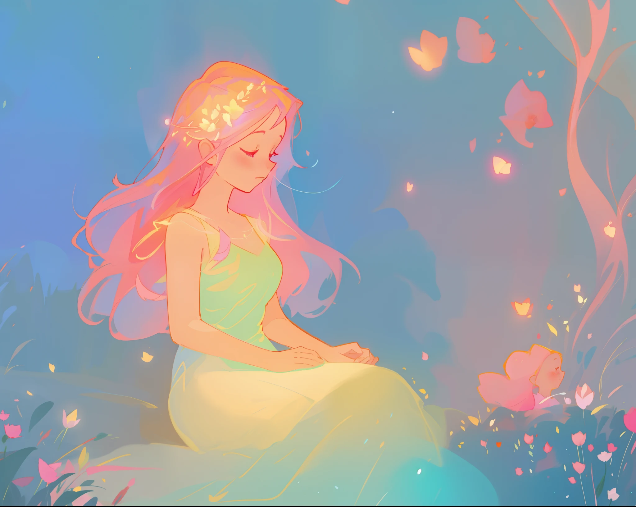 beautiful girl in white dress, fairy dress, beautiful girl sitting in a field with pink red flowers, glowing lights, whimsical landscape, long pink flowing hair, watercolor illustration, inspired by Glen Keane, inspired by Lois van Baarle, disney art style, by Lois van Baarle, glowing aura around her, by Glen Keane, jen bartel, glowing lights! digital painting, flowing glowing hair, glowing flowing hair, beautiful digital illustration, fantasia otherworldly landscape plants flowers, beautiful, masterpiece, best quality, anime disney style