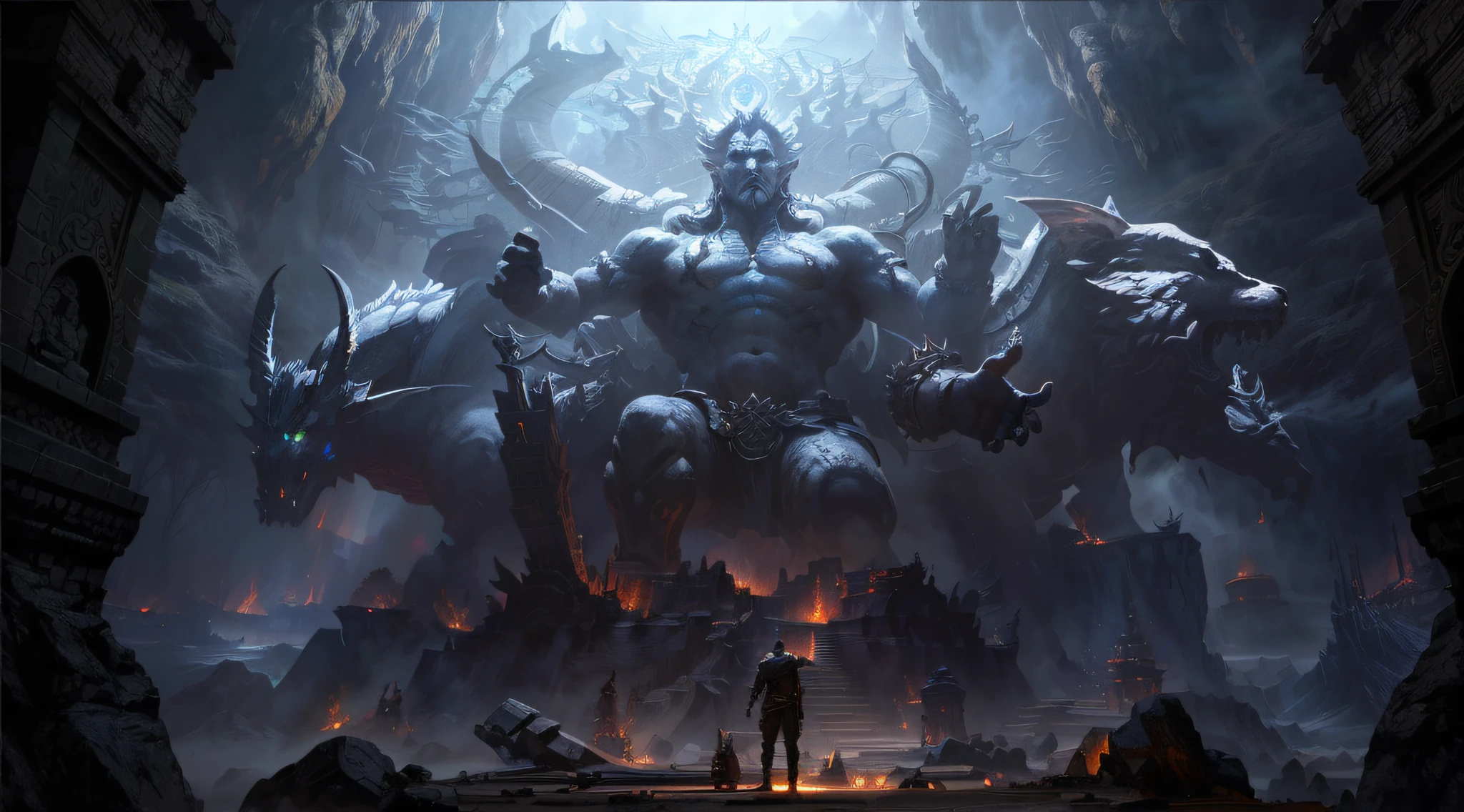 there is a man standing in front of a giant statue, epic cinematic concept art, epic fantasy artwork, 2. 5 D CGI anime fantasy artwork, Epic fantasy digital art style, epic fantasy game art, epic fantasy sci fi illustration, Huge Buddha statue in a cave,true to life, Epic digital concept art, 4K fantasy art, Detailed digital 2D fantasy art, epic fantasy illustration
