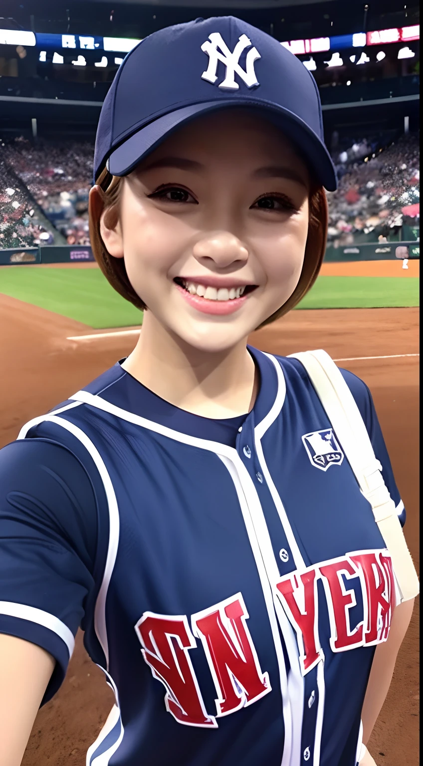 Smile full of happiness、Sweating、Expression in a state of excitement、short-hair、Baseball Costumes、Wearing a baseball uniform、New York Baseball Caps、beautiful countenance、Baseball Ground、Baseball Gloves