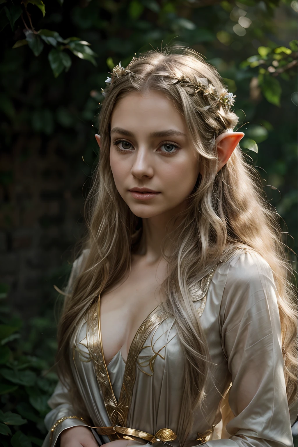 Galadriel, most beautiful elf woman, appears young but ageless and immortal, wearing filmy tunic and robes, gold circlet, (detailed face, 18yo:1.2), (detailed (light grey) eyes:1), (perfect eyes), (eye contact:1.2) (perfect proportions), (perfect anatomy), (athletic body), (very long golden hair with silver highlights:1.3), (narrow waist:1.1), (skinny, thin, slender body:1.1), (fit body:1.2), petite, ((elf:1.1) woman) Analog film photograph, close up, emotional, tears, (expression very serious:1.2), heavenly, kind, gentle, soft glow, rays of light, colorful, detailed, stunning, hetero, (very sexy:1.2), intricate, (blush:0.5), (goosebumps:0.5), subsurface scattering (wind, windy:1.3)
best quality,ultra-detailed,realistic,highres,masterpiece:1.2,portraits,garden,beautiful detailed eyes,beautiful detailed lips,long golden hair,regal presence,serene expression,enchanted atmosphere,soft sunlight filtering through the trees,subtle glittering magic,pastel color palette,ornate crown and jewelry,flowing gown made of shimmering silk,graceful posture,commanding presence,delicate elven ears,dappled shadows on the ground,gentle breeze rustling the leaves,faint ethereal music in the air,ancient stone architecture in the background,elaborate floral patterns,ethereal beings surrounding her,fluttering butterflies and fireflies,powerful yet gentle aura,queen of the elven realm