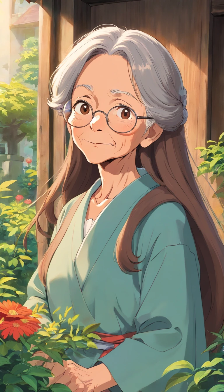 Old lady,with brown long hair,strict face,house wife,aunt look.