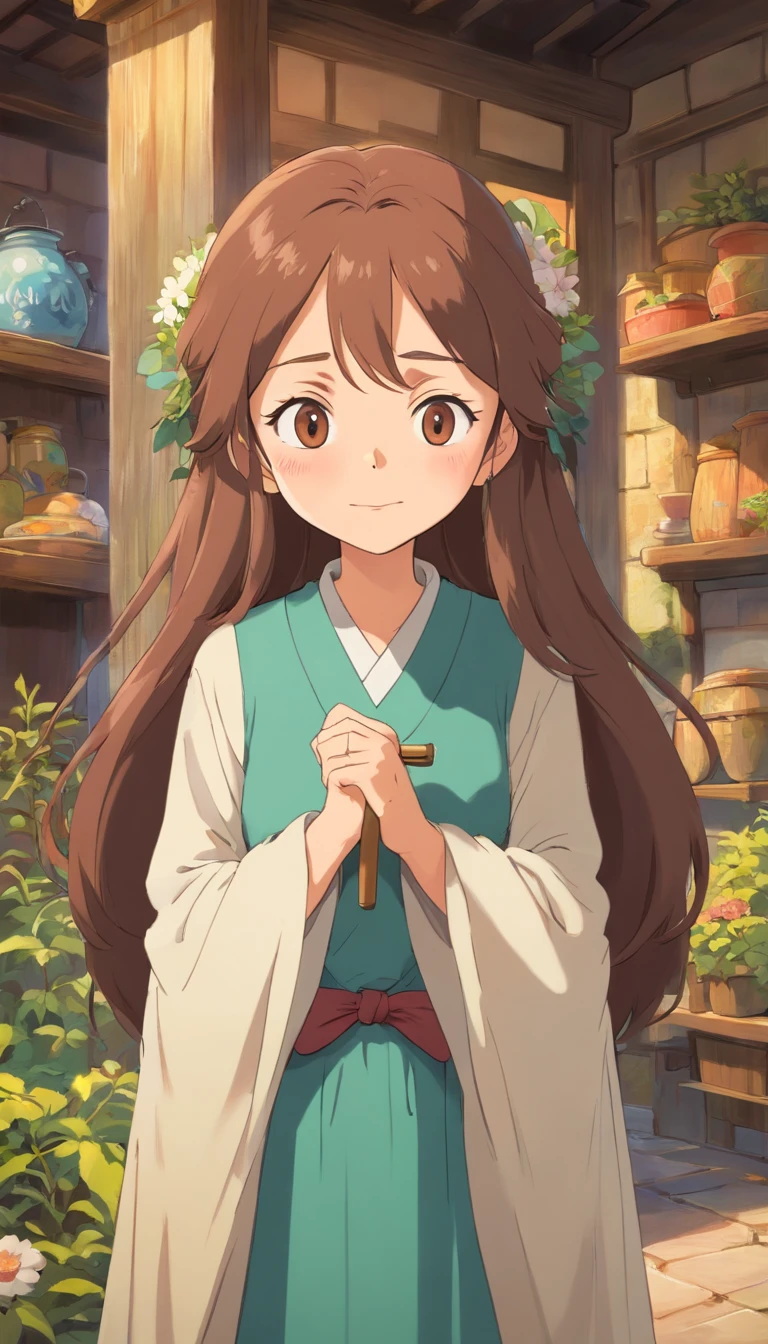 Old lady,with brown long hair,strict face,house wife,aunt look.