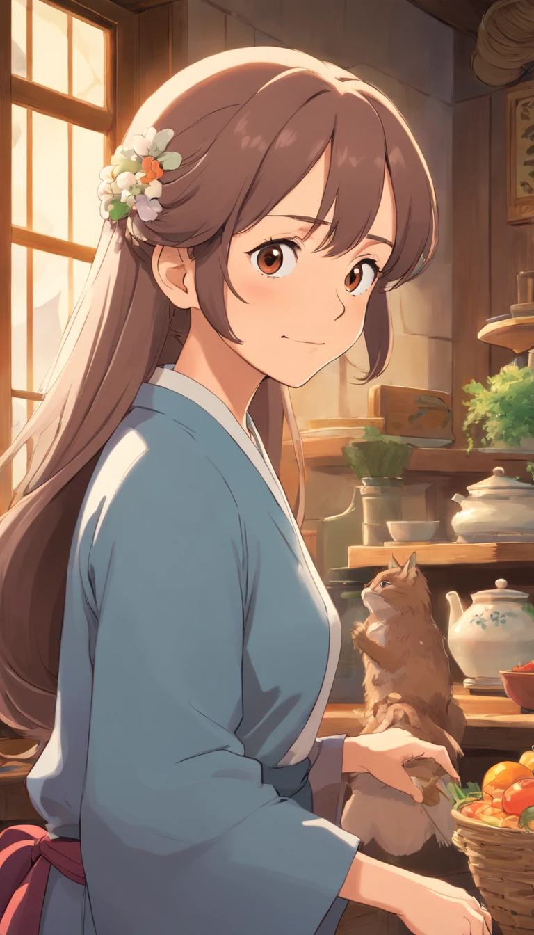 Old lady,with brown long hair,strict face,house wife,aunt look.