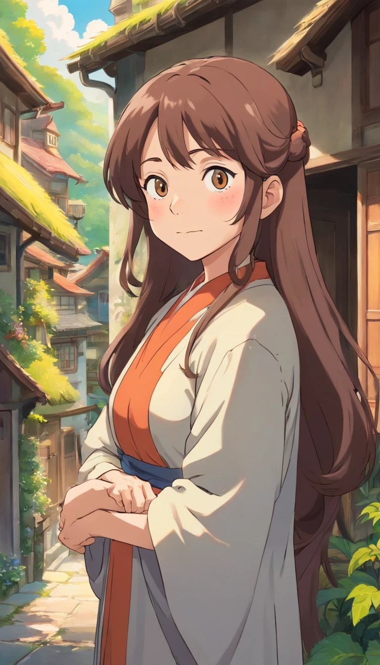 Old lady,with brown long hair,strict face,house wife,aunt look.