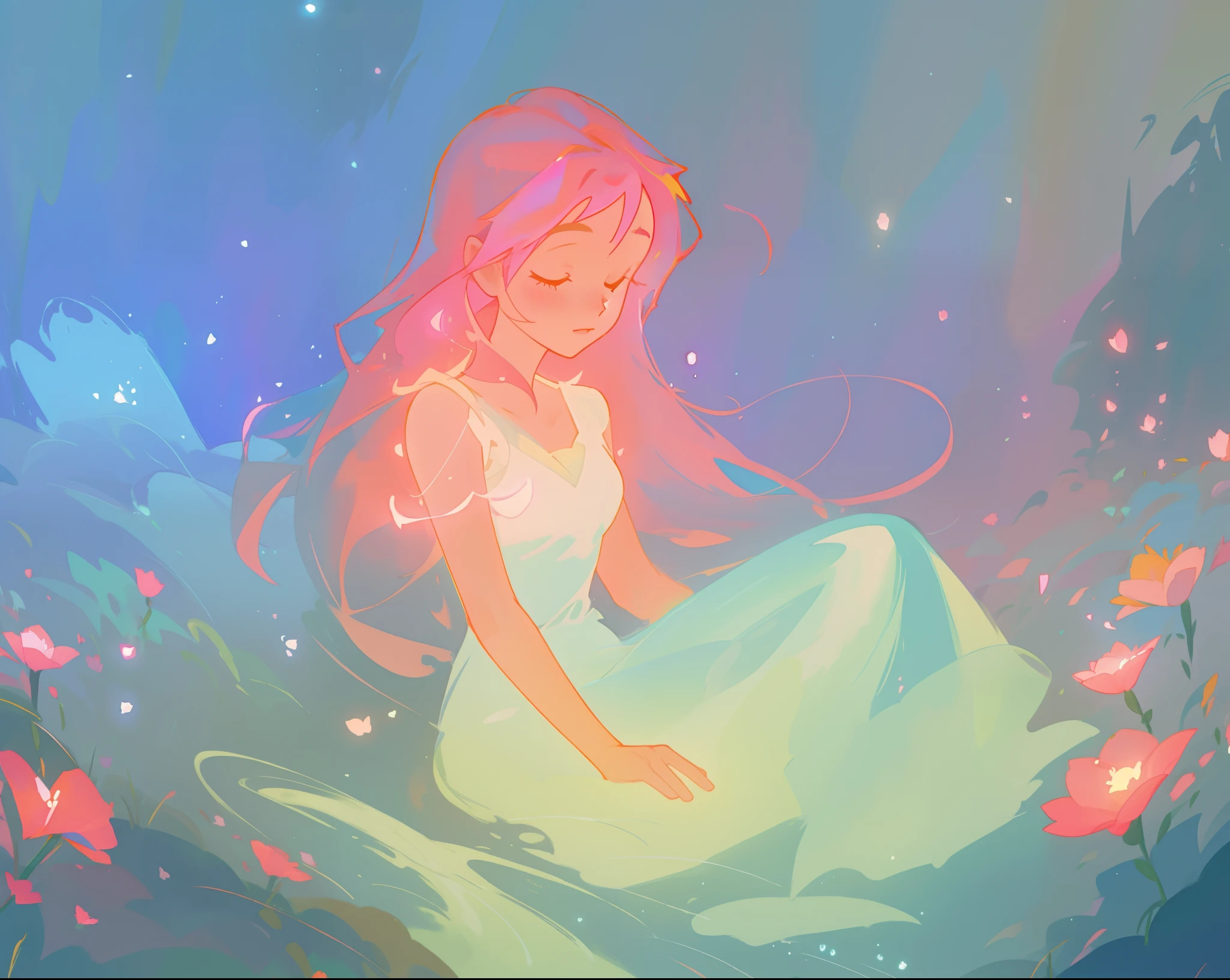 beautiful girl in white dress, fairy dress, beautiful girl sitting in a field with pink red flowers, glowing lights, whimsical landscape, long pink flowing hair, watercolor illustration, inspired by Glen Keane, inspired by Lois van Baarle, disney art style, by Lois van Baarle, glowing aura around her, by Glen Keane, jen bartel, glowing lights! digital painting, flowing glowing hair, glowing flowing hair, beautiful digital illustration, fantasia otherworldly landscape plants flowers, beautiful, masterpiece, best quality, anime disney style