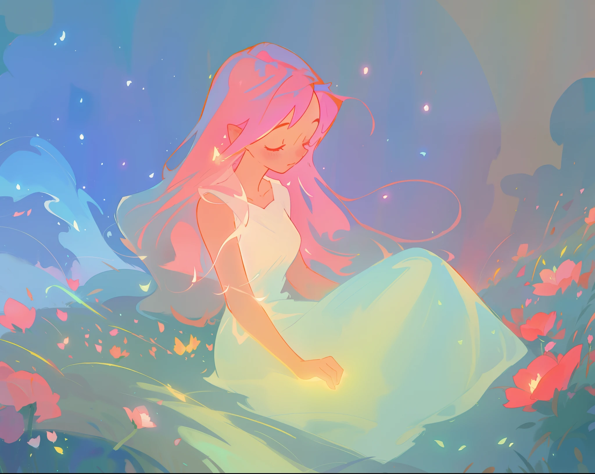 beautiful girl in white dress, fairy dress, beautiful girl sitting in a field with pink red flowers, glowing lights, whimsical landscape, long pink flowing hair, watercolor illustration, inspired by Glen Keane, inspired by Lois van Baarle, disney art style, by Lois van Baarle, glowing aura around her, by Glen Keane, jen bartel, glowing lights! digital painting, flowing glowing hair, glowing flowing hair, beautiful digital illustration, fantasia otherworldly landscape plants flowers, beautiful, masterpiece, best quality, anime disney style