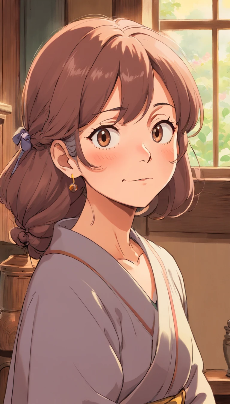 Old lady,with brown long hair,strict face,house wife,aunt look.