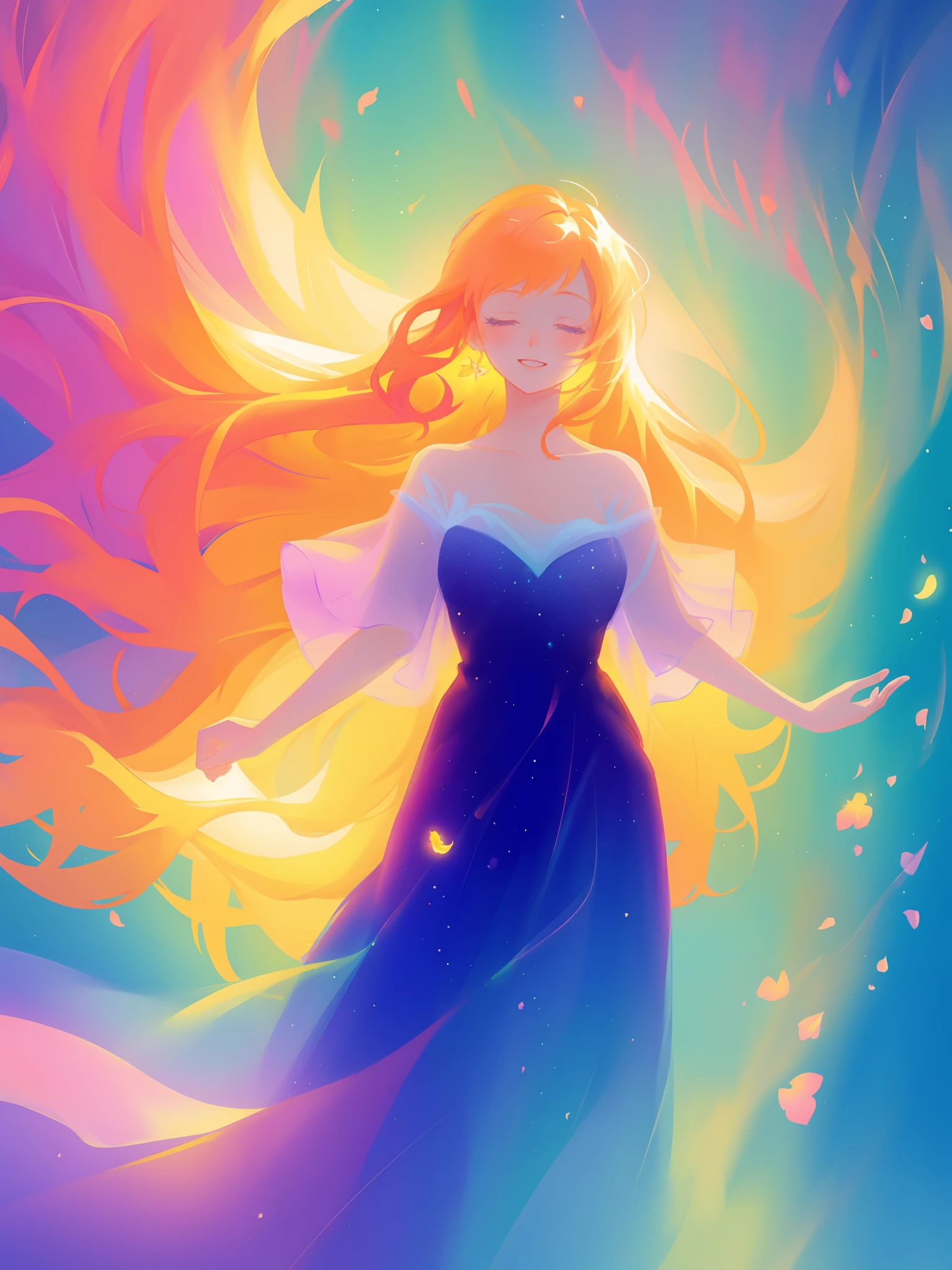 beautiful girl in flowing colorful ballgown, fairy dress, long golden hair, colorful watercolor background, inspired by Glen Keane, inspired by Lois van Baarle, disney art style, by Lois van Baarle, glowing aura around her, by Glen Keane, jen bartel, glowing lights! digital painting, flowing glowing hair, glowing flowing hair, beautiful digital illustration, fantasia otherworldly landscape plants flowers, beautiful, masterpiece, best quality, anime disney style