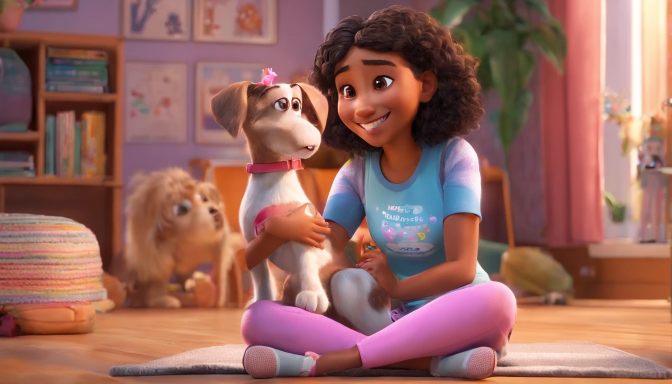 Generate a poster in Pixar 3D animation style, a tender moment between a girl and her puppy. The girl has brown skin tone, has long braids with pink tips and is sitting on the living room floor, hugging the gray dachshund puppy with black spots on her lap. She smiles happily. She wears a pink t-shirt with a unicorn print and blue pants with a star print. She also wears pink socks with white stripes. The atmosphere is cozy with a TV and a bookshelf. The photo conveys a feeling of love, joy and comfort.