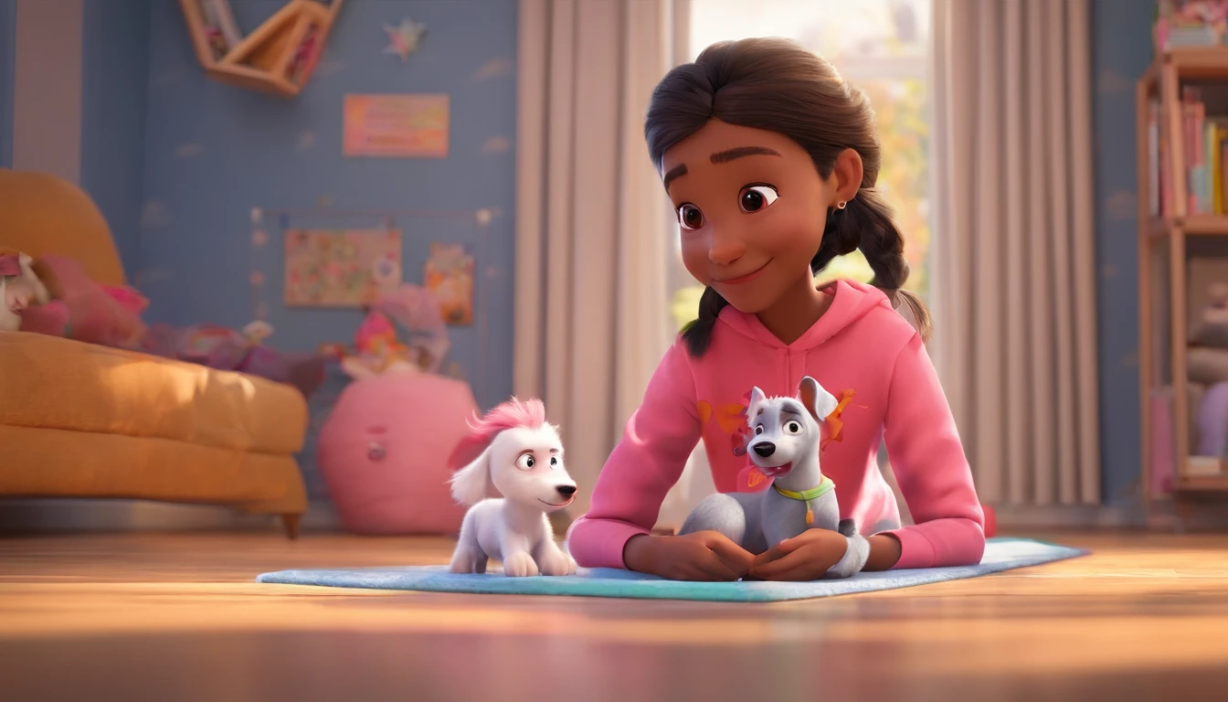 Generate a poster in Pixar 3D animation style, a tender moment between a girl and her puppy. The girl has brown skin tone, has long braids with pink tips and is sitting on the living room floor, hugging the gray dachshund puppy with black spots on her lap. She smiles happily. She wears a pink t-shirt with a unicorn print and blue pants with a star print. She also wears pink socks with white stripes. The atmosphere is cozy with a TV and a bookshelf. The photo conveys a feeling of love, joy and comfort.