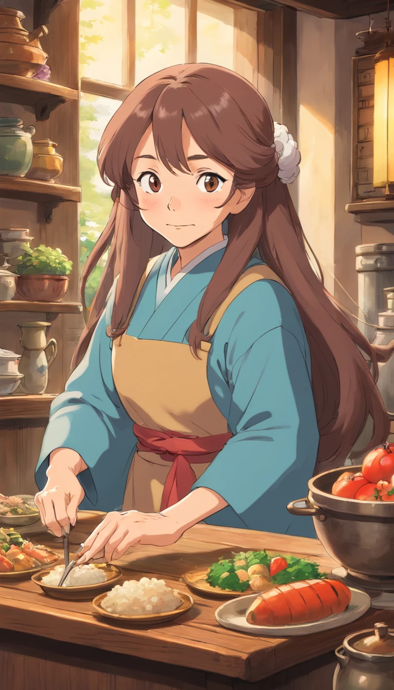 Old lady,with brown long hair,strict face,house wife,aunt look.