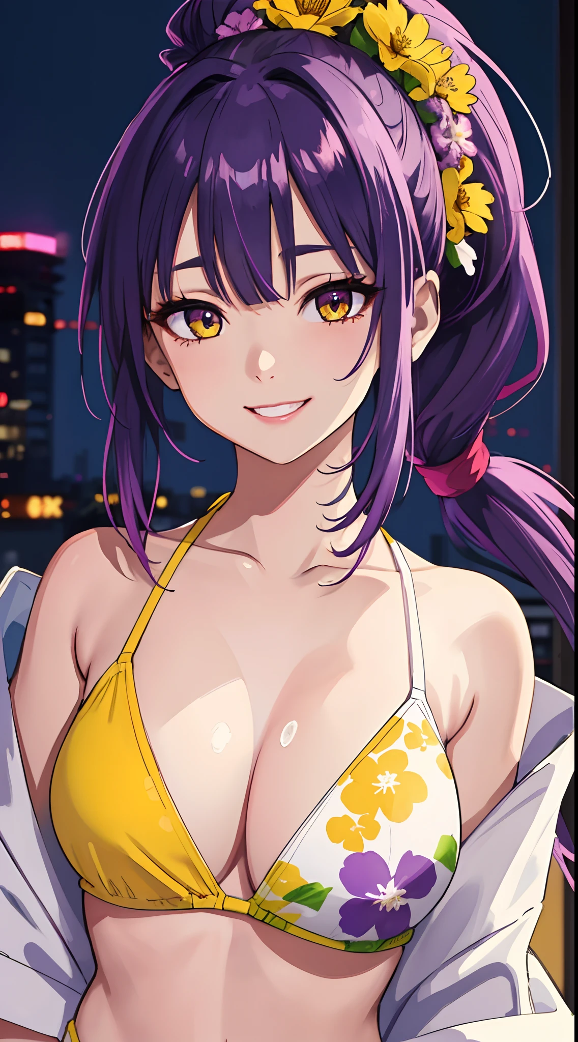 A female with purple ponytail hair, Yellow eye with thunder pupil, Wearing Flower Crown, Wearing white bikini, Night Tokyo Apartment Background, Happy Emotion mood, Smile, detailed eyes, detailed face,very detailed, High Detail.