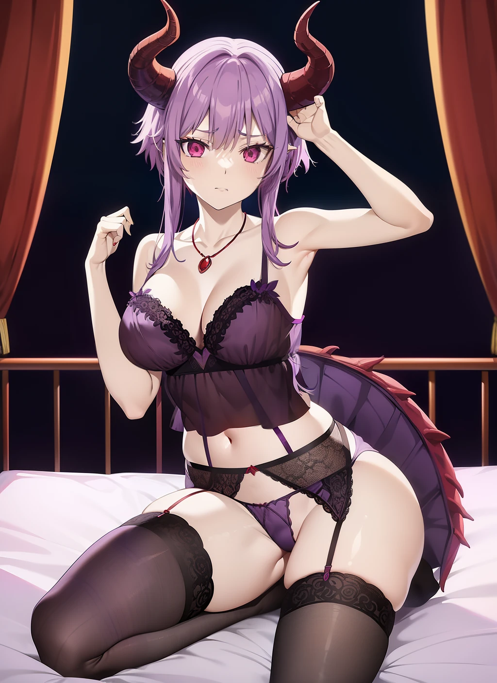bedroom, red jewel necklace, medium breasts, light purple hair, dragon girl, dragon eyes, short hair with long locks, dragon horns, dark aura, purple lingerie, garter belt, thighhighs, evening, expressionless, black sclera, orange eyes, the pose,((((purple clothes)))), see-through