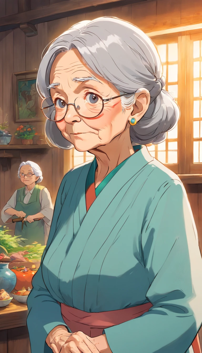 (Old lady:1.4), with gray long hair, strict face, house wife, aunt look.