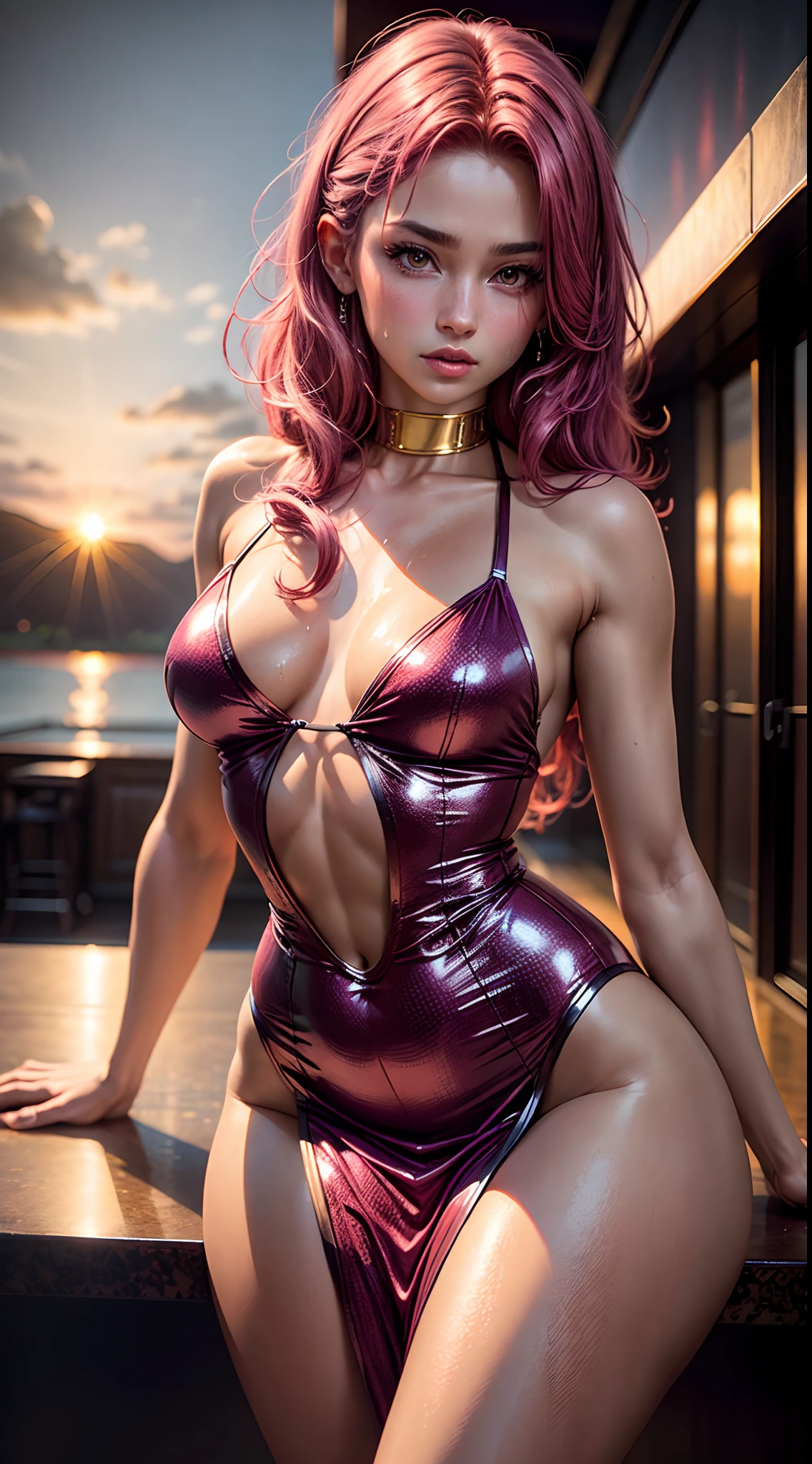 (Best quality, 4k, Masterpiece: 1.3), beautiful woman, hyper realistic, club scene, dancing, dancer, 1girl, (small breasts, attractive body: 1.2), sit-ups: 1.1, magenta brown hair: 1.1, (wet body:1.2), ultra-detailed face, detailed lips, detailed pink eyes, double eyelid, sensual dress with low collar, open neckline, hanging breasts, side pose, visible curves, golden transparent dress, magenta hair, sunset, sweet