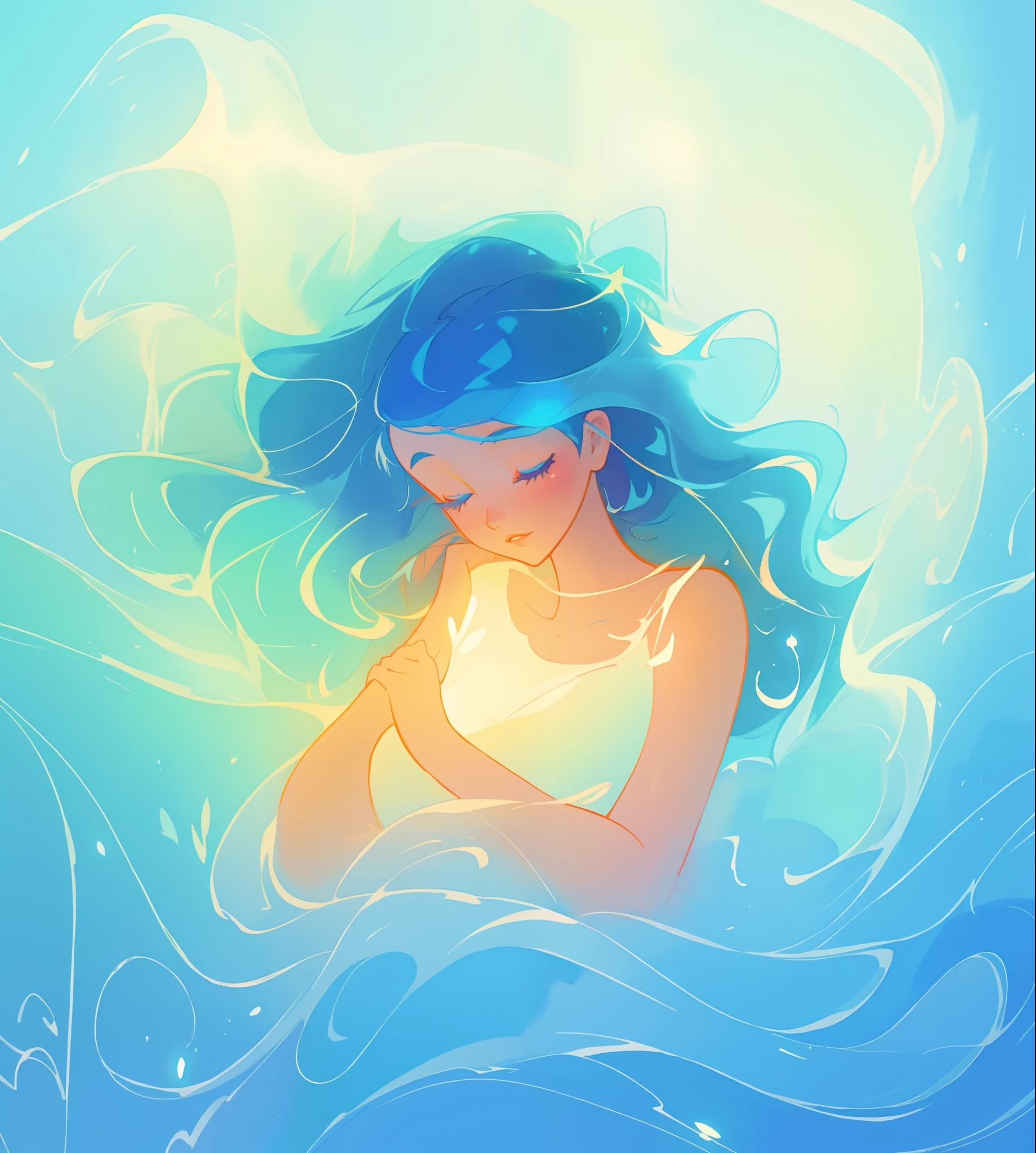beautiful girl surrounded by liquid light, long wavy blue hair, watercolor illustration, inspired by Glen Keane, inspired by Lois van Baarle, disney art style, by Lois van Baarle, glowing aura around her, by Glen Keane, jen bartel, glowing lights! digital painting, flowing glowing hair, glowing flowing hair, beautiful digital illustration, fantasia otherworldly landscape plants flowers, beautiful, masterpiece, best quality, anime disney style