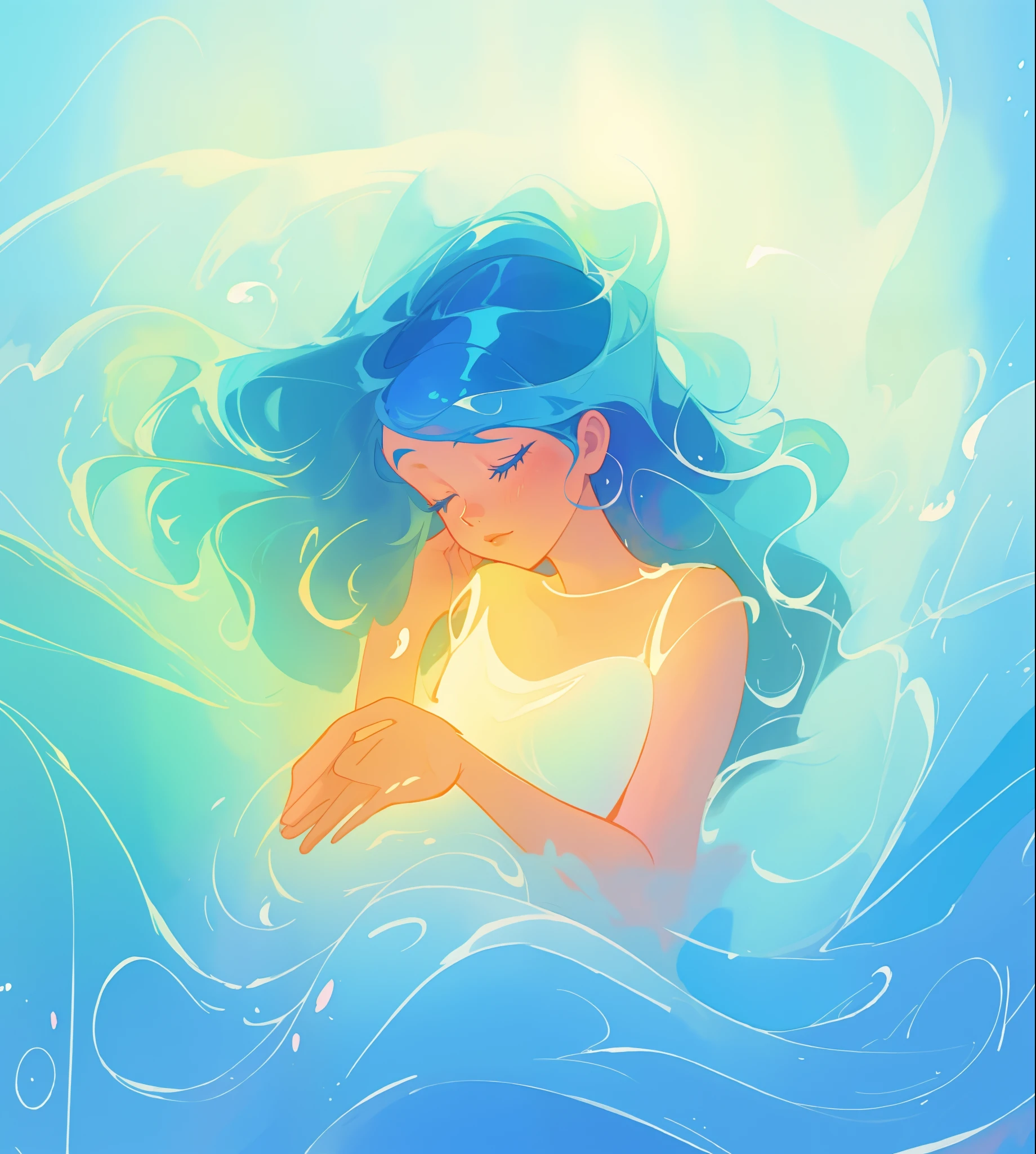 beautiful girl surrounded by liquid light, long wavy blue hair, watercolor illustration, inspired by Glen Keane, inspired by Lois van Baarle, disney art style, by Lois van Baarle, glowing aura around her, by Glen Keane, jen bartel, glowing lights! digital painting, flowing glowing hair, glowing flowing hair, beautiful digital illustration, fantasia otherworldly landscape plants flowers, beautiful, masterpiece, best quality, anime disney style