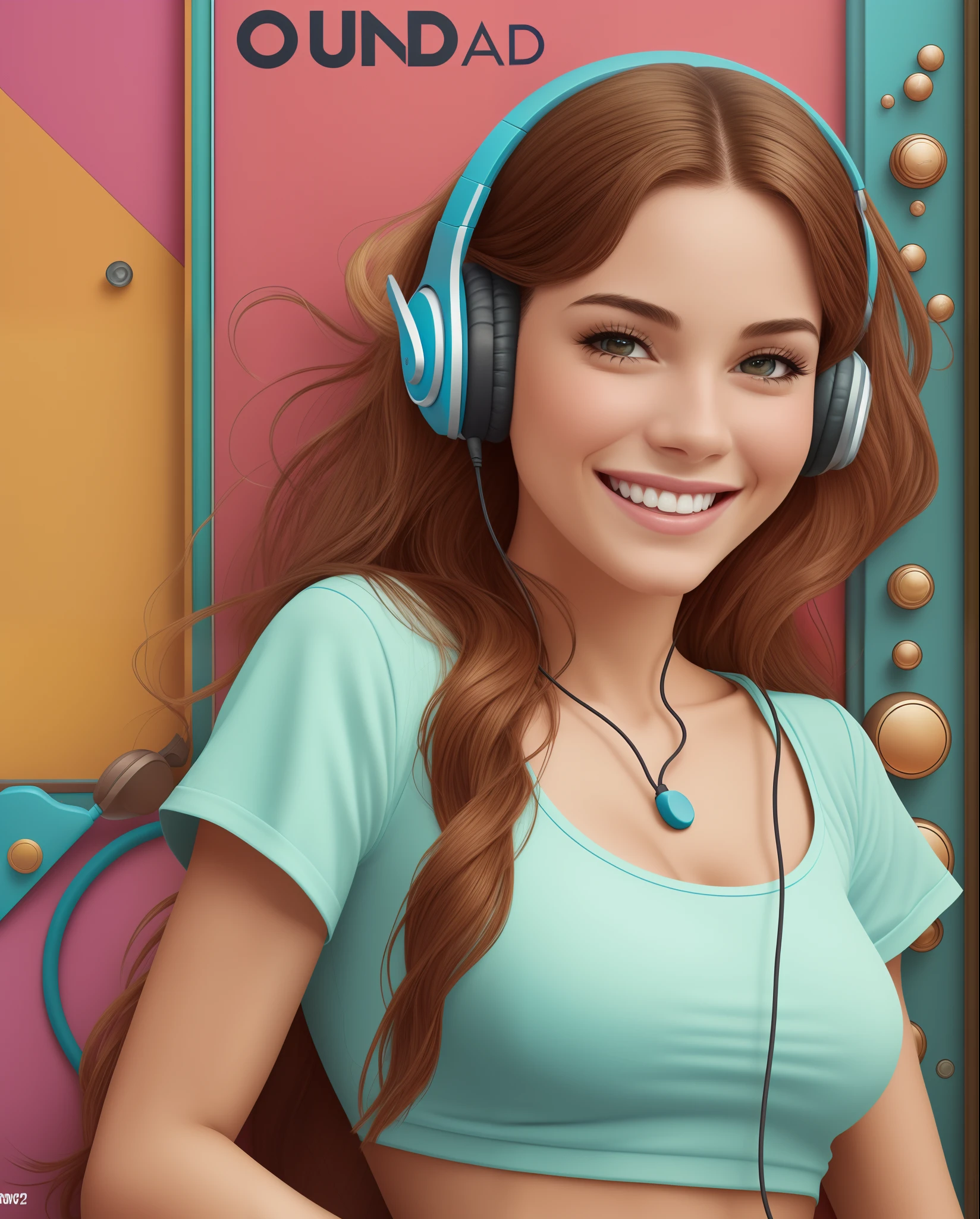 mulher estilo pixar, Poster Girl for Onda Sul Radio, usando fones de ouvido, sorrindo --auto --s2