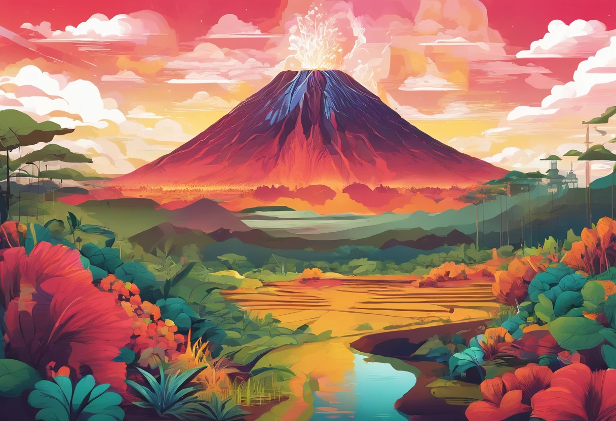 In a breathtaking display of raw natural beauty, a majestic volcano stands towering in a lush and vibrant landscape, symbolizing the incredible power of self-healing and regeneration. Earth's astonishing ability to repair itself is depicted in a visually stunning scene, where a volcanic eruption gives birth to new life and flourishing ecosystems. As lava flows down the mountain, it transforms barren land into fertile ground, nurturing new forests and promising a bright future for the diverse flora and fauna. The volcano emanates an ethereal glow, showcasing the essence of renewal, healing, and rebirth that our planet embodies.