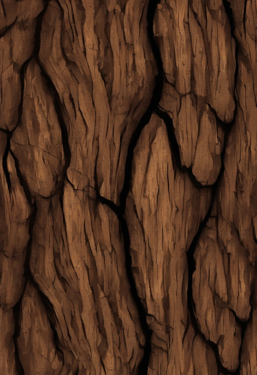 stylized texture of dark brown bark of a tree, the bark has deep grooves and lines that create a contrast. very detailed texture digital painting, uniform soft lighting, hand painted textures . Seamless, tillable, closeup of a painting of tree bark .