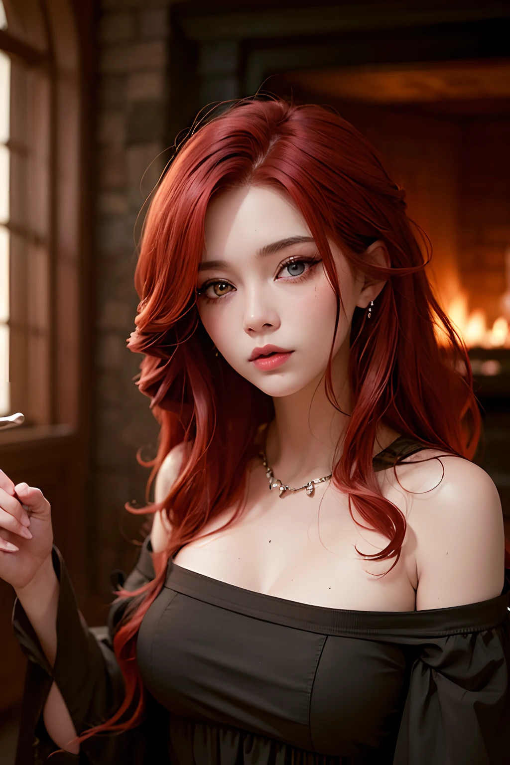 Red-haired witch with green eyes in a dark cave in front of a fireplace. beatiful face, big breastes. eye shadow, Eye stroke, Darkened room, Medieval atmosphere, Illustrations, hiquality (Best Quality,4k,8K,hight resolution,Masterpiece:1.2), Ultra-detailed, Realistic (photo-realistic:1.37), Vivid colors, A detailed eye, long eyelashes, detailed lips, Mysterious lighting.