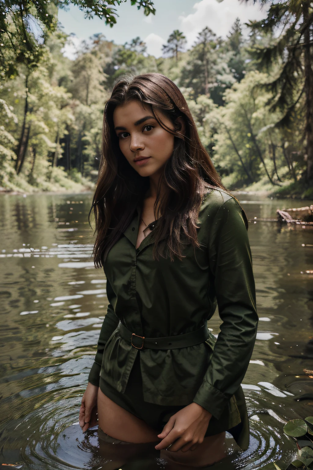 Animated photos of in a lake in the forest, com roupa de guerreira, uma branca dos olhos verdes e cabelo ruivo liso