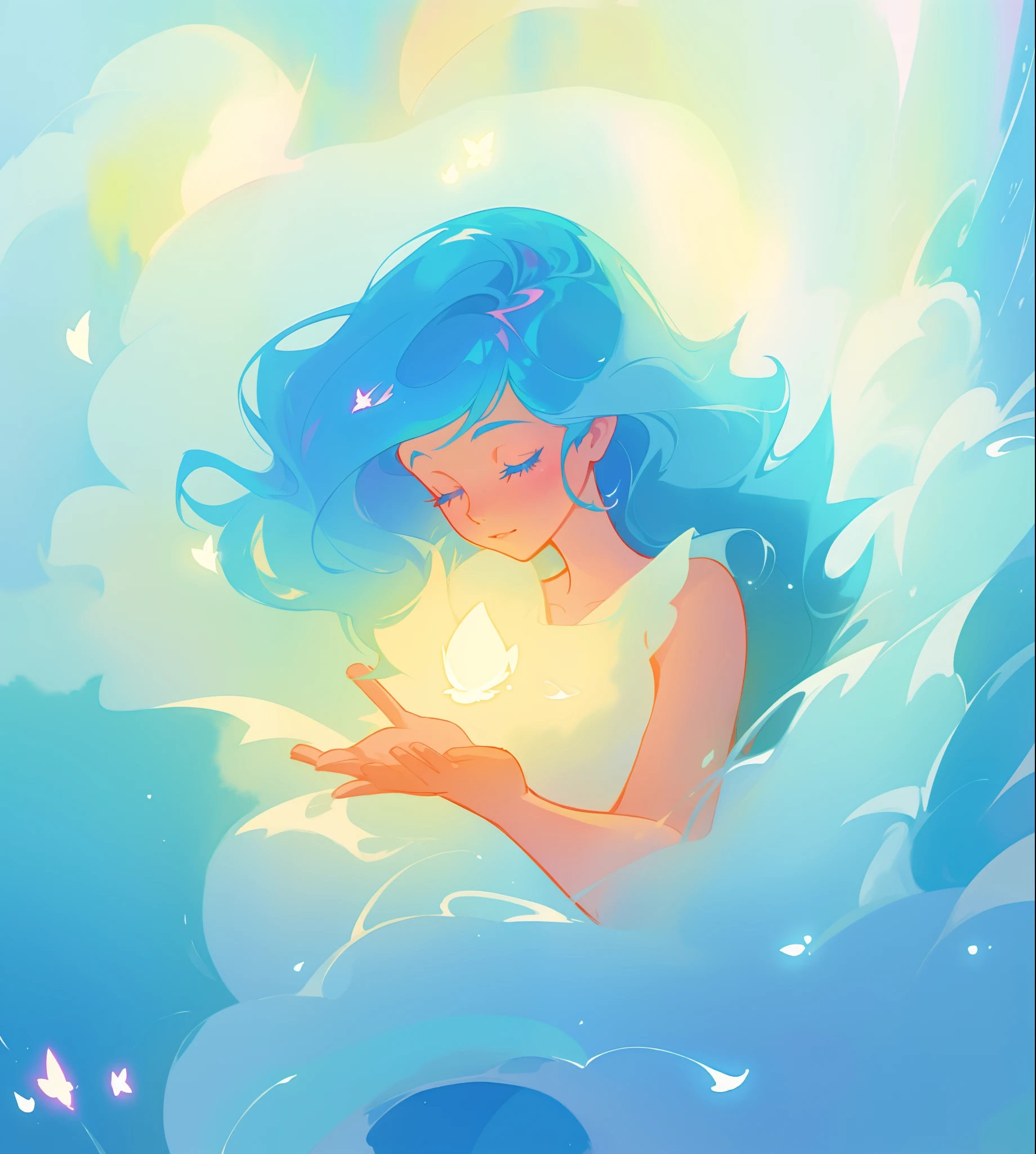 beautiful girl surrounded by liquid light, long wavy blue hair, watercolor illustration, inspired by Glen Keane, inspired by Lois van Baarle, disney art style, by Lois van Baarle, glowing aura around her, by Glen Keane, jen bartel, glowing lights! digital painting, flowing glowing hair, glowing flowing hair, beautiful digital illustration, fantasia otherworldly landscape plants flowers, beautiful, masterpiece, best quality, anime disney style