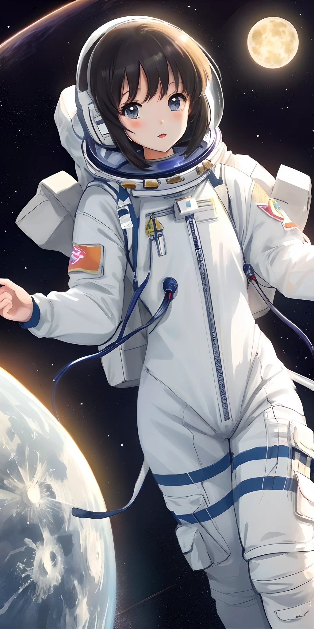 Style anime and manga young ladies in sexy astronaut suit walking in moon