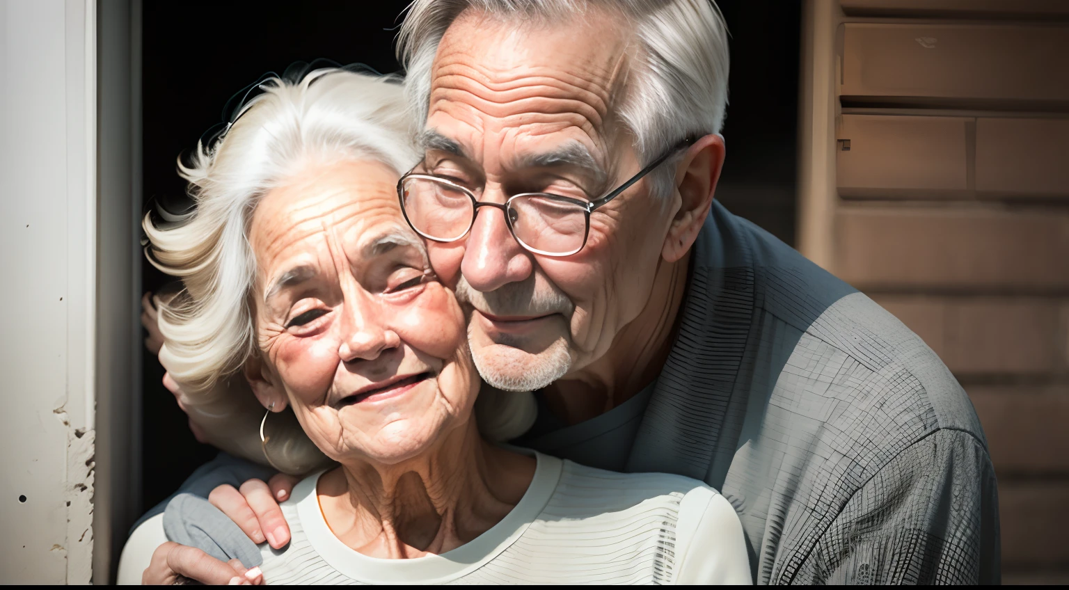 Create an elderly couple hugging each other