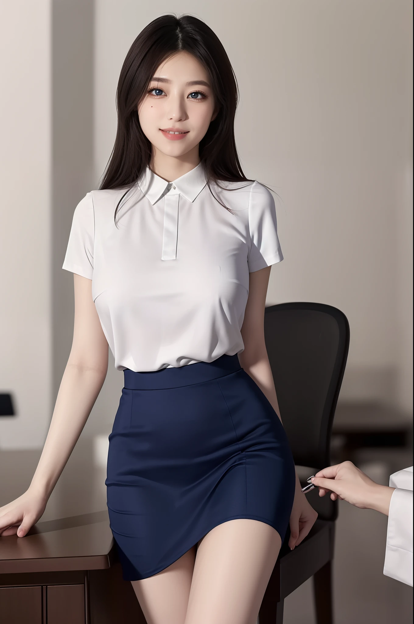 Japan woman dressed as an office lady、sit a chair
(((​masterpiece))), ((top-quality)), ((intricate detailes)), (((hyper realisitic)), Absurd resolution, Near and far law, ighly detailed, Realistic, 1girl in, ((Colossal tits)), perfect hand, Detailed finger, beatiful detailed eyes, shorth hair,,(Dark blue tight skirt:1.2), 细致背景、Bright interior,White blouses, perfect  eyes, mesmerizing eyes, Look at viewers, from the front side、A smile、Mole on the mouth、thighs thighs thighs thighs,