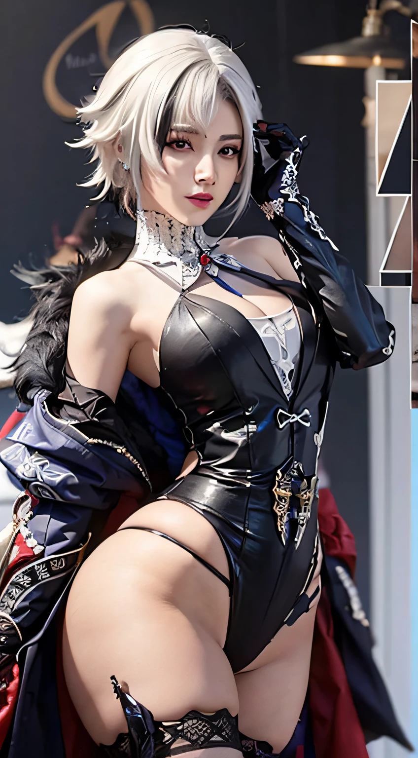 photorealistic,high resolution,soft light,1women,hips up, tall woman, white hair, black hair, multicolored hair, black eyes, arle_suit, arlecchino \(genshin impact\), multicolored hair