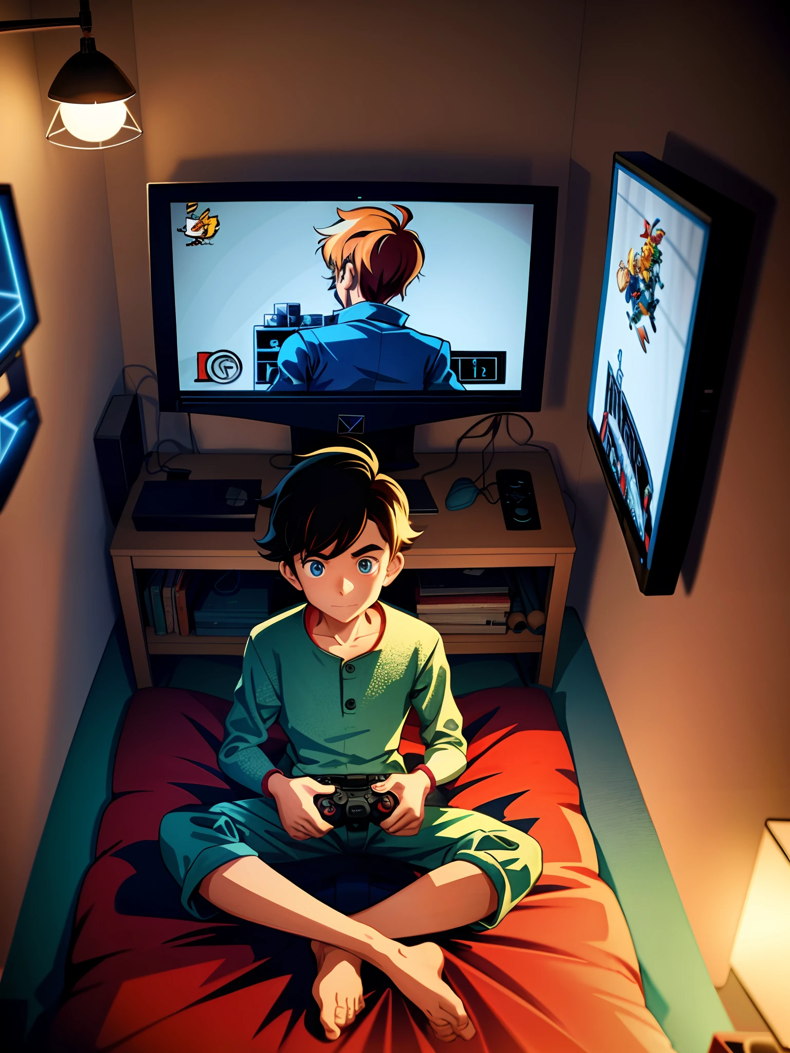 A boy playing video games at night in his room, Illustration by Hergé, perfect coloring, 8k