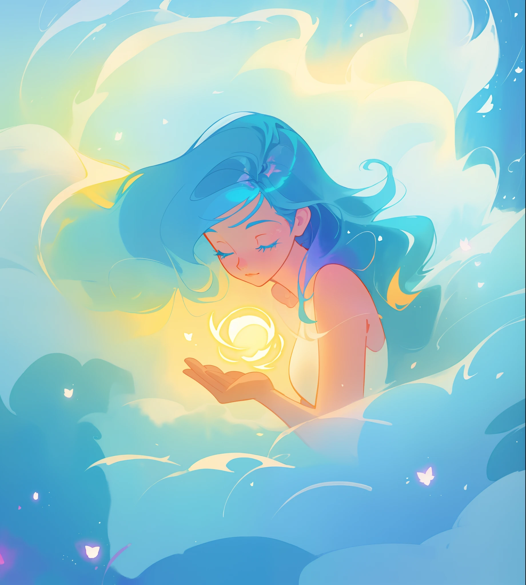 beautiful girl surrounded by liquid light, long wavy blue hair, watercolor illustration, inspired by Glen Keane, inspired by Lois van Baarle, disney art style, by Lois van Baarle, glowing aura around her, by Glen Keane, jen bartel, glowing lights! digital painting, flowing glowing hair, glowing flowing hair, beautiful digital illustration, fantasia otherworldly landscape plants flowers, beautiful, masterpiece, best quality, anime disney style