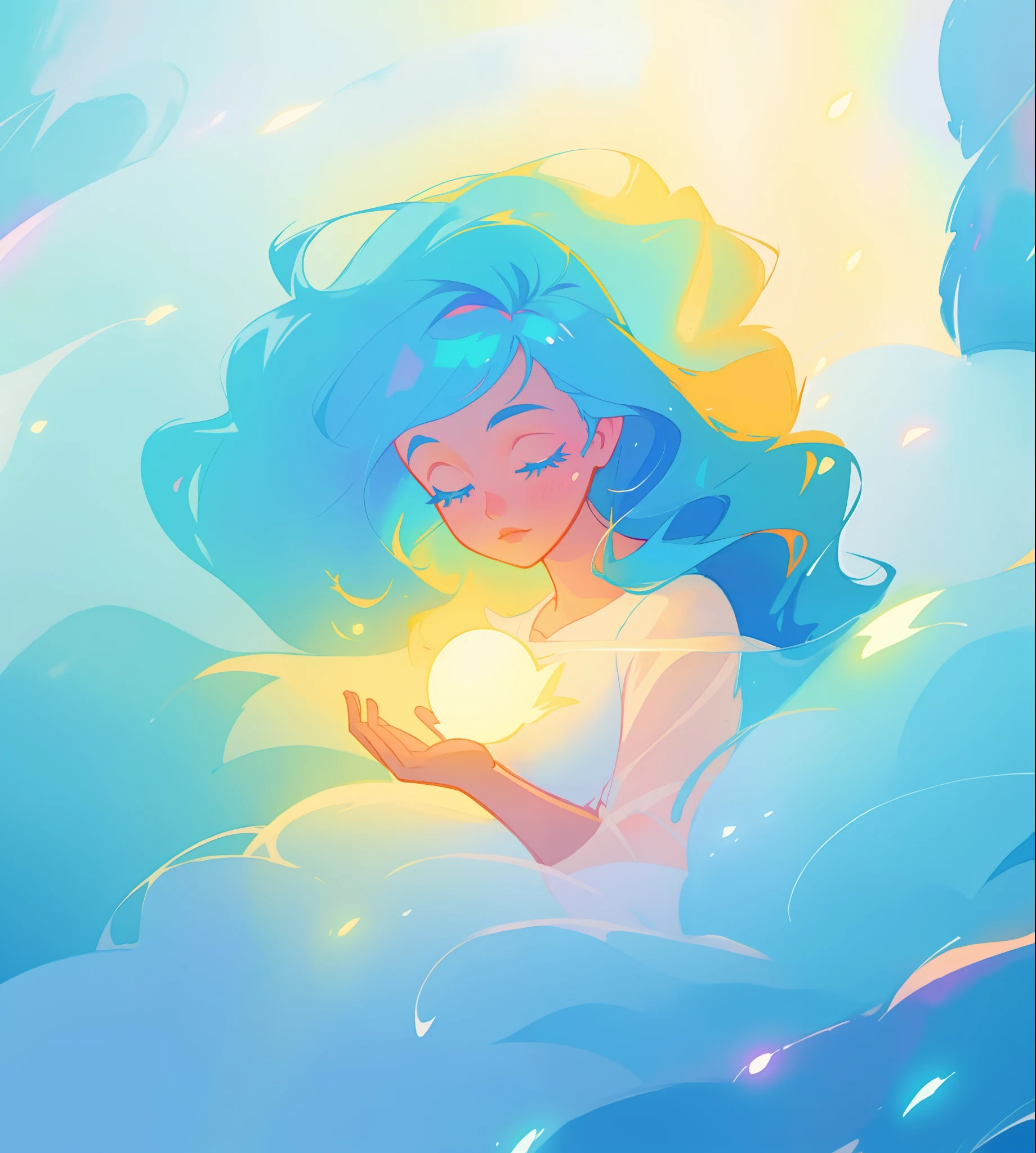 beautiful girl surrounded by liquid light, long wavy blue hair, watercolor illustration, inspired by Glen Keane, inspired by Lois van Baarle, disney art style, by Lois van Baarle, glowing aura around her, by Glen Keane, jen bartel, glowing lights! digital painting, flowing glowing hair, glowing flowing hair, beautiful digital illustration, fantasia otherworldly landscape plants flowers, beautiful, masterpiece, best quality, anime disney style