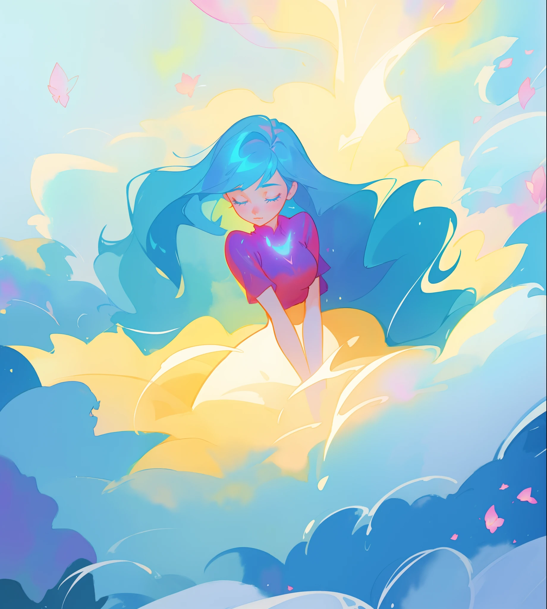 beautiful girl surrounded by liquid light, long wavy blue hair, watercolor illustration, inspired by Glen Keane, inspired by Lois van Baarle, disney art style, by Lois van Baarle, glowing aura around her, by Glen Keane, jen bartel, glowing lights! digital painting, flowing glowing hair, glowing flowing hair, beautiful digital illustration, fantasia otherworldly landscape plants flowers, beautiful, masterpiece, best quality, anime disney style