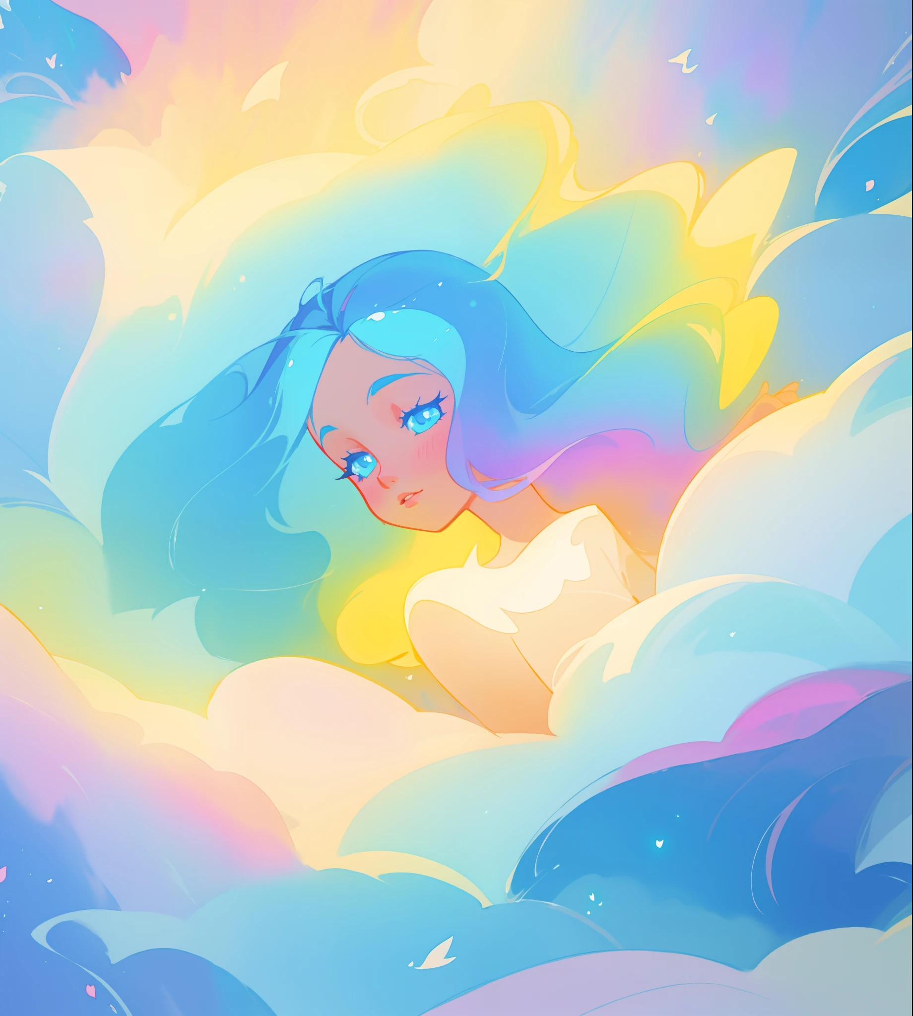 beautiful girl surrounded by liquid light, long wavy blue hair, watercolor illustration, inspired by Glen Keane, inspired by Lois van Baarle, disney art style, by Lois van Baarle, glowing aura around her, by Glen Keane, jen bartel, glowing lights! digital painting, flowing glowing hair, glowing flowing hair, beautiful digital illustration, fantasia otherworldly landscape plants flowers, beautiful, masterpiece, best quality, anime disney style