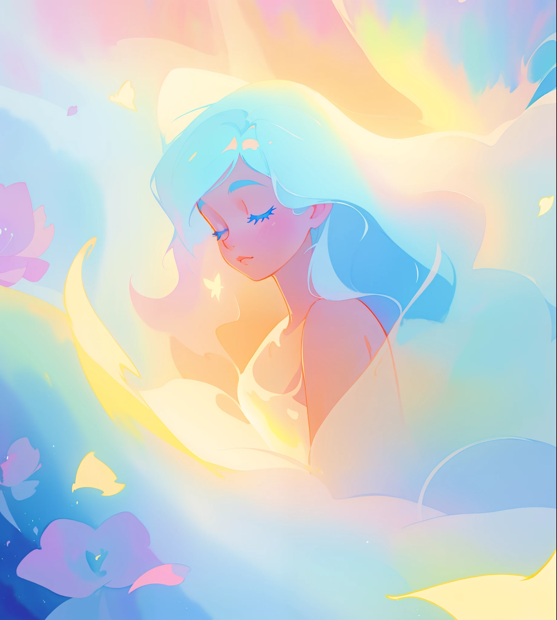 beautiful girl surrounded by liquid light, long wavy blue hair, watercolor illustration, inspired by Glen Keane, inspired by Lois van Baarle, disney art style, by Lois van Baarle, glowing aura around her, by Glen Keane, jen bartel, glowing lights! digital painting, flowing glowing hair, glowing flowing hair, beautiful digital illustration, fantasia otherworldly landscape plants flowers, beautiful, masterpiece, best quality, anime disney style