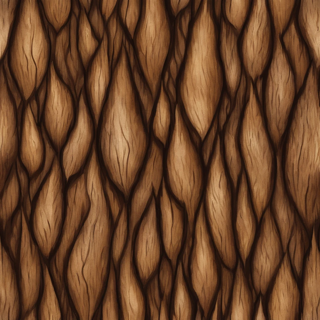 stylized texture of dark brown bark of a tree, the bark has deep grooves and lines that create a contrast. very detailed texture digital painting, uniform soft lighting, hand painted textures . Seamless, tillable, close up of a painting of tree bark, in the style of the World of Warcraft and Hearthstone the Blizzard games