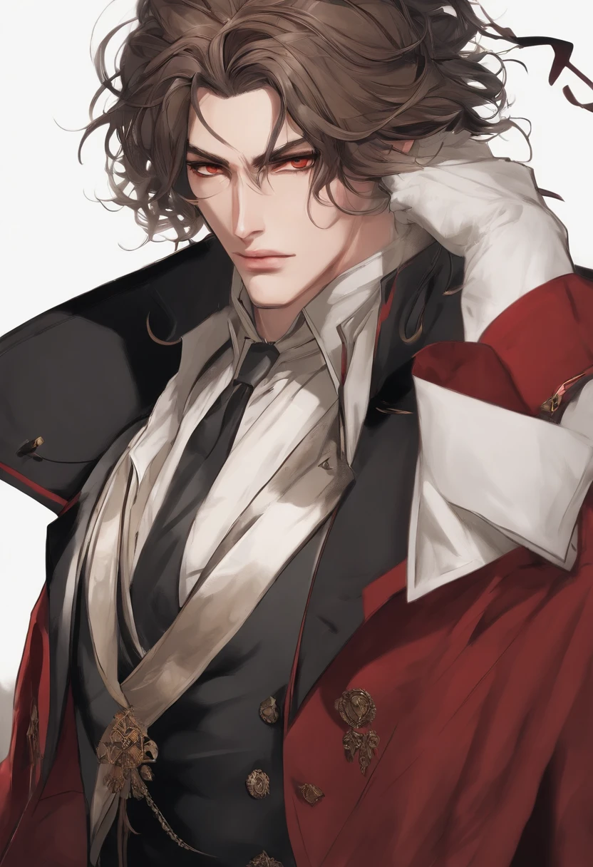 portrait, 1homme, style anime, The Art of Manwha ,Detailed face ((cheveux noirs)) ((yeux rouges)) ((regard dure)) ((Froncement de sourcils)) ((cheveux courts)) ,adulte 30 ans, historique, combattant, Nobles' Clothing, fantastique, Detailed views, duke du Nord, Camera Gazes, vampire