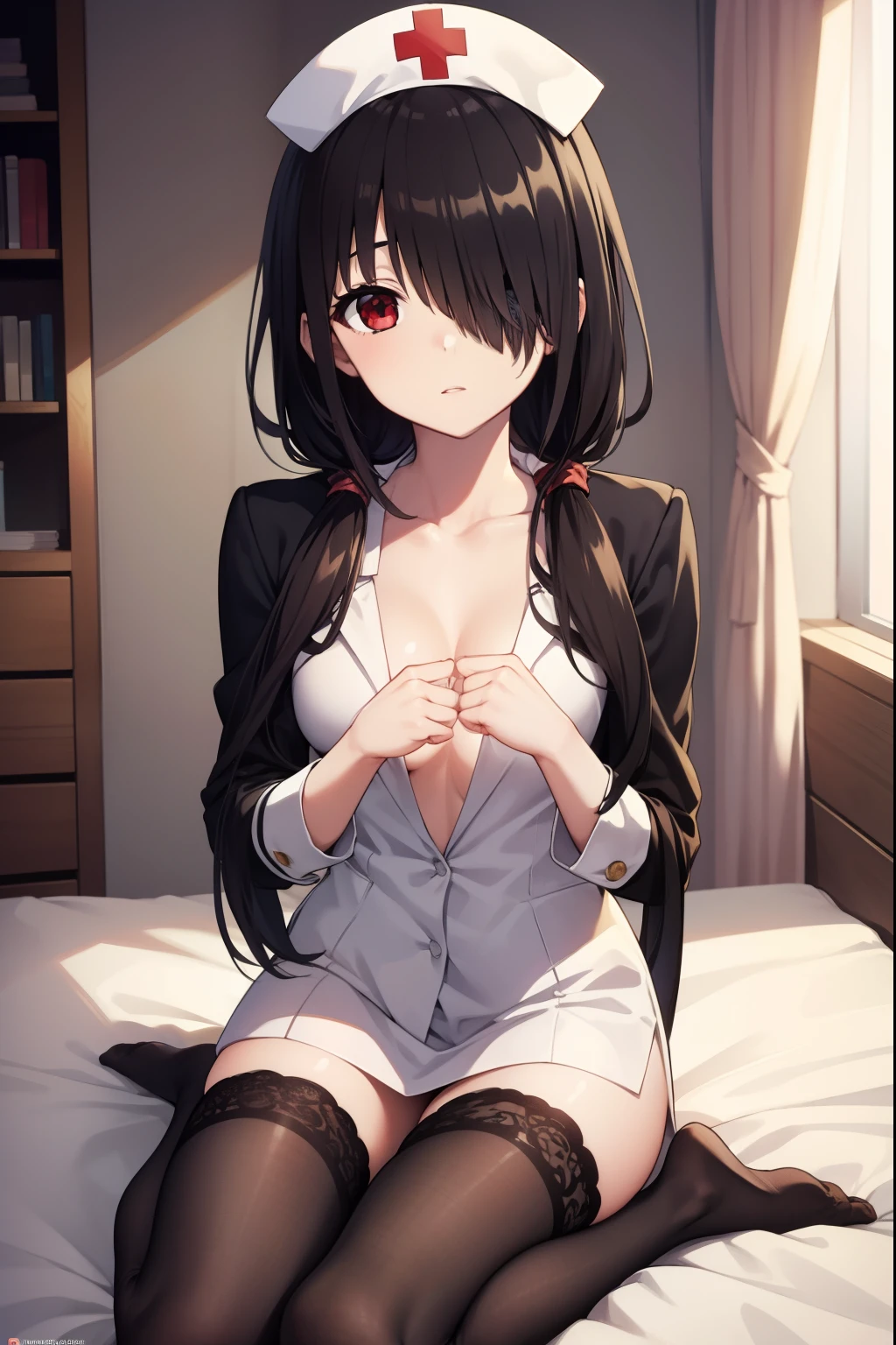 kurumitokisaki, tokisaki kurumi, black hair, low twintails, (hair over one eye:1.5), (red eyes:1.2), (small breast:1.2), BREAK thighhighs, hat, cleavage, white thighhighs, nurse cap, nurse, tokisaki kurumi, BREAK looking at viewer, BREAK indoors, bed, bedroom, BREAK (masterpiece:1.2), best quality, high resolution, unity 8k wallpaper, (illustration:0.8), (beautiful detailed eyes:1.6), extremely detailed face, perfect lighting, extremely detailed CG, (perfect hands, perfect anatomy),